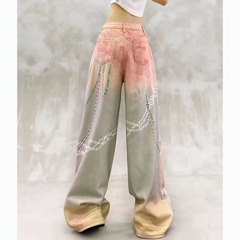 

American Style Colorful Printed Jeans Women's Fall New Loose Wide-Leg Floor-Length Pants