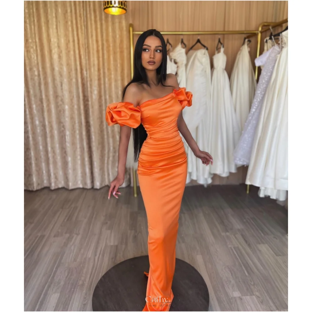 

Cathy Orange Off the Shoulder Mermaid vestidos de noche Emulation Silk Strapless Party Dresses Sleeveless Customized Prom Dress