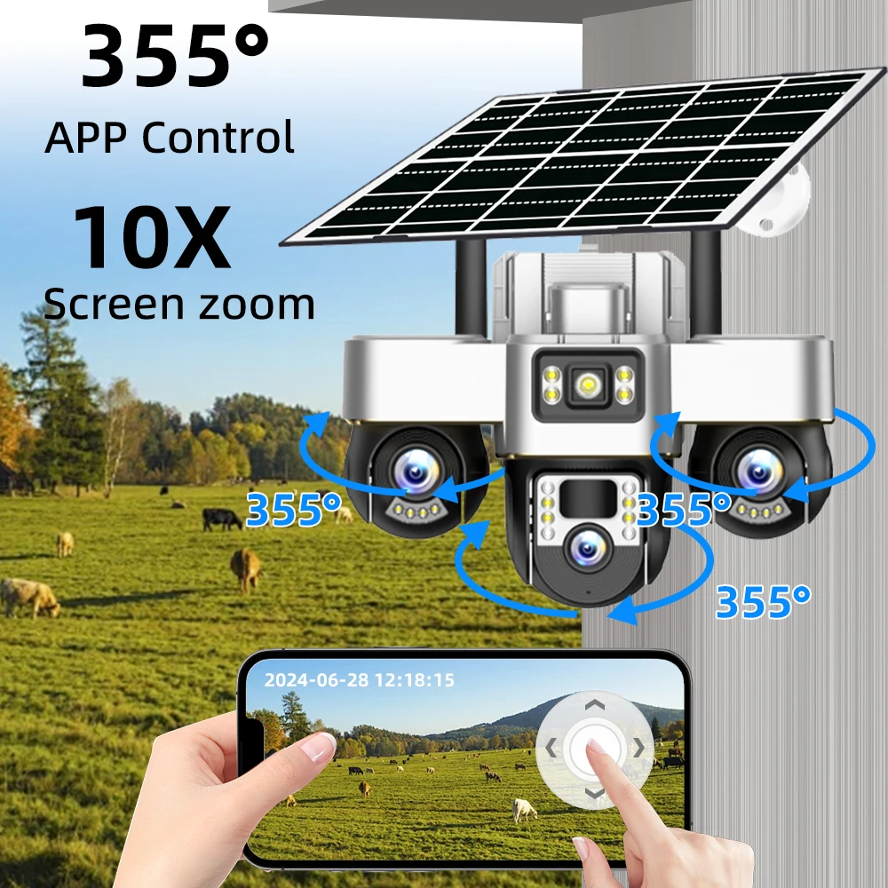 V380 PRO 6K 15MP 3 عدسة 3 شاشة تعمل بالطاقة الشمسية 4G كاميرا CCTV خارجية IP66 مقاومة للماء للرؤية الليلية والمراقبة الأمنية #2