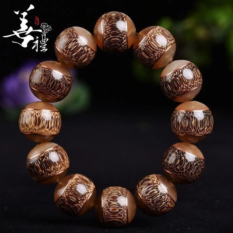 Shanli Natural Dragon Blood Bamboo Bracelet, Inlaid with Sheep Horn, 108 Golden Thread Beads