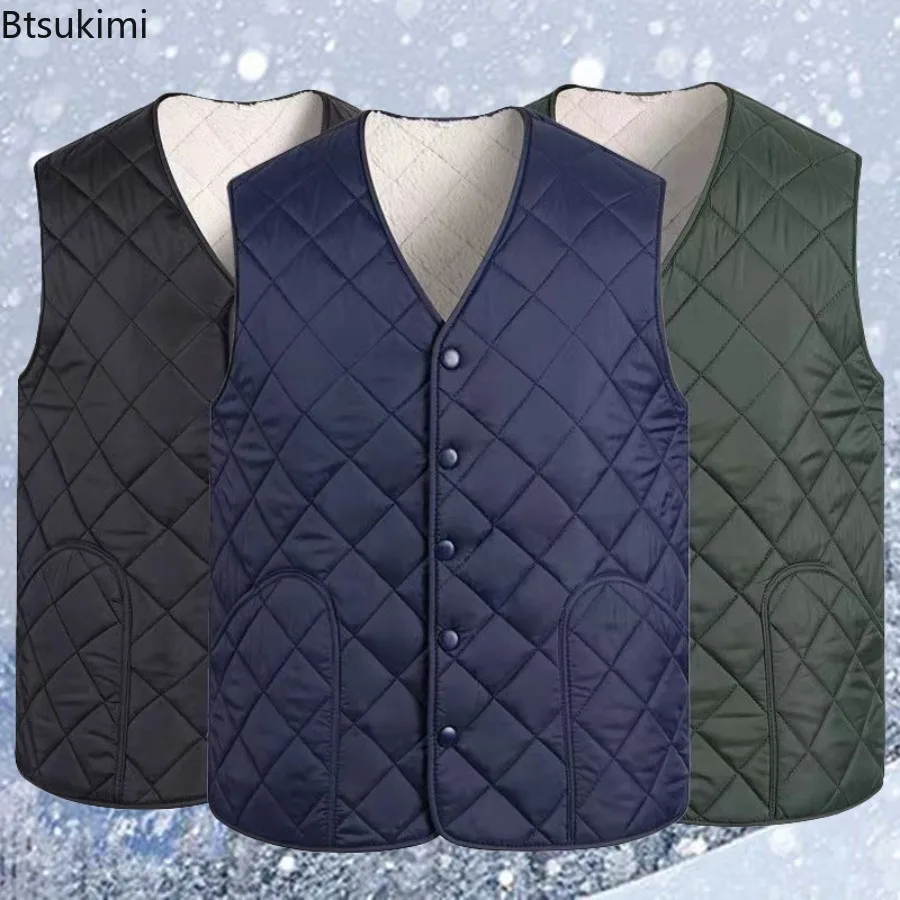 

2025 Men's Cotton Vest Padded V Neck Sleeveless Warm Thick Single-breasted Cardigan Autumn Winter Thick Male Velvet Vest Jacket