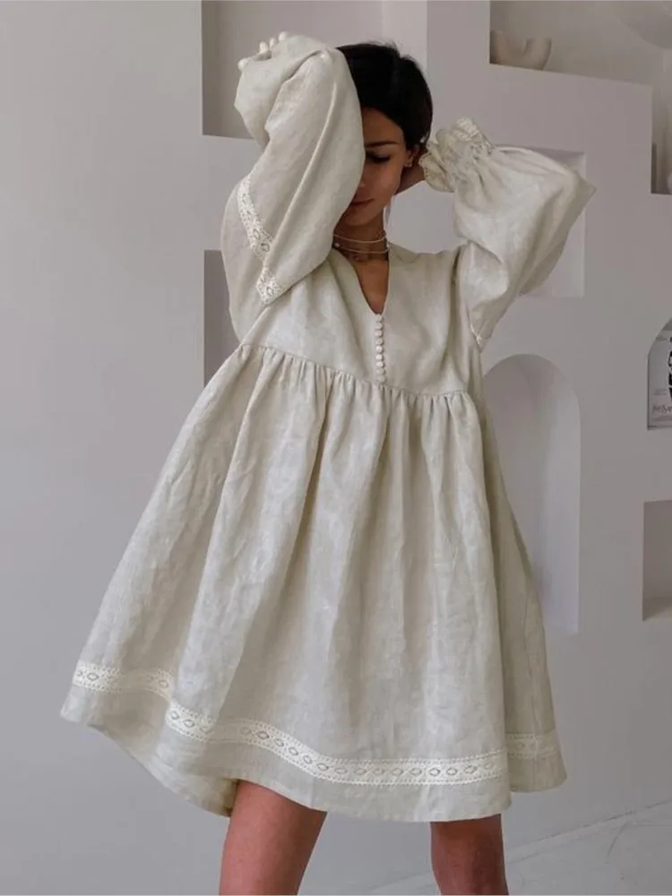 

Dresses For Women Cotton Linen French Temperament Commuting V-neck Lantern Sleeves Loose Dress Spring Autumn New Style Vestidos