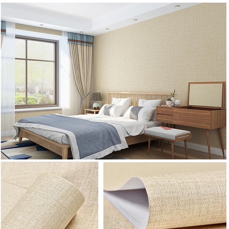 

PVC Waterproof Self-adhesive Wallpaper Solid Color Linen Pattern Living Room Bedroom Room Format Wall Cabinet Decoration Sticker