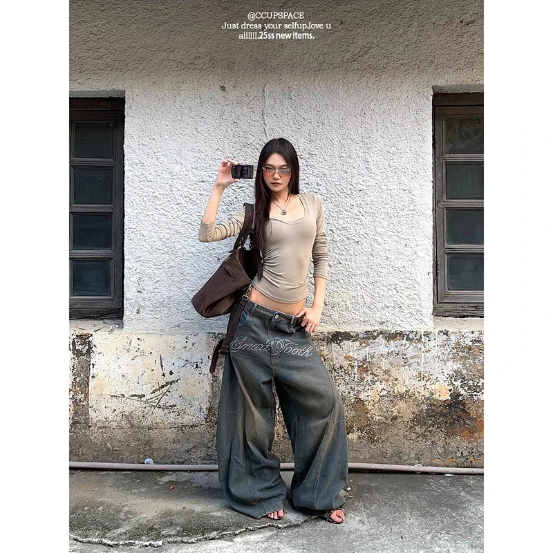 女性ヴィンテージブルー Y2k バギージーンズストリート原宿ボーイフレンドデニムパンツ美的 2000 年代パンツオーバーサイズ服