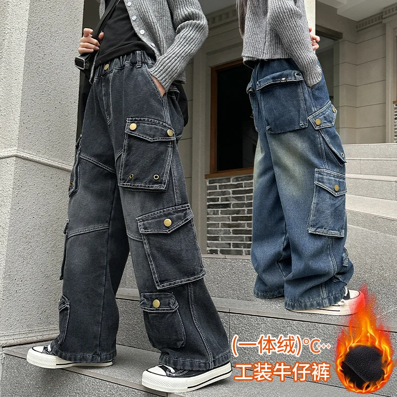 

autumn 4 6 8 10 12 14 teen girls plush workwear jeans junior kids fleece-lined multi-pocket cargo pants child velvet trousers