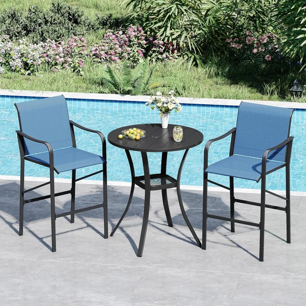 

3 Pieces Outdoor Patio Bar Set, Round Bar Height Table with Umbrella Hole and 2 Textilene Chairs for Lawn, Garden, Poolside, Bl