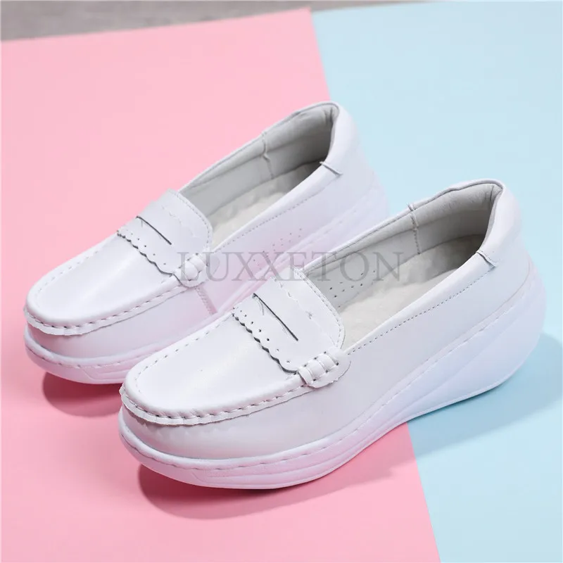 White Genuine Leather Loafers Women Nurse Shoes Round Toe Slip on Thick Flats Breathable Soft Cowhide Thick Bottom Flats