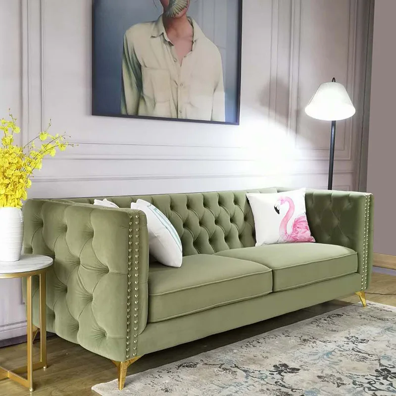 American light luxury ins Internet celebrity simple style modern Italian velvet Nordic fabric living room pull button three sofa