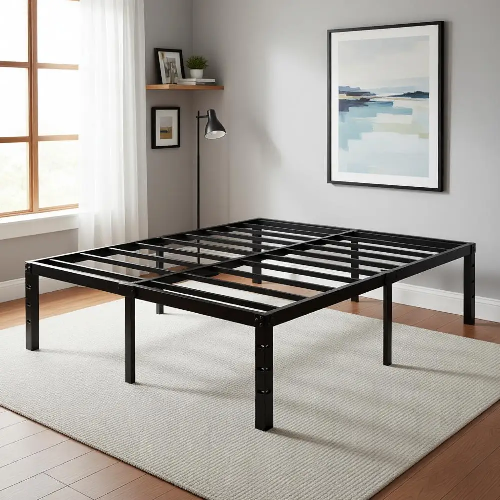 

16-дюймовая металлическая кровать размера Queen с местом для хранения, усиленная конструкция, простая сборка, не требует пружинного блока, черная.