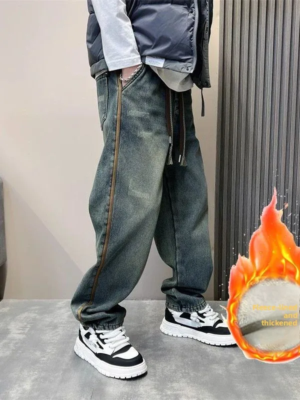 

Мужские джинсы Waed Denim: Новая модная модель, свободные, с широкими штанинами, для подростков, в уличном стиле, прямые, утолщенные, длинные брюки