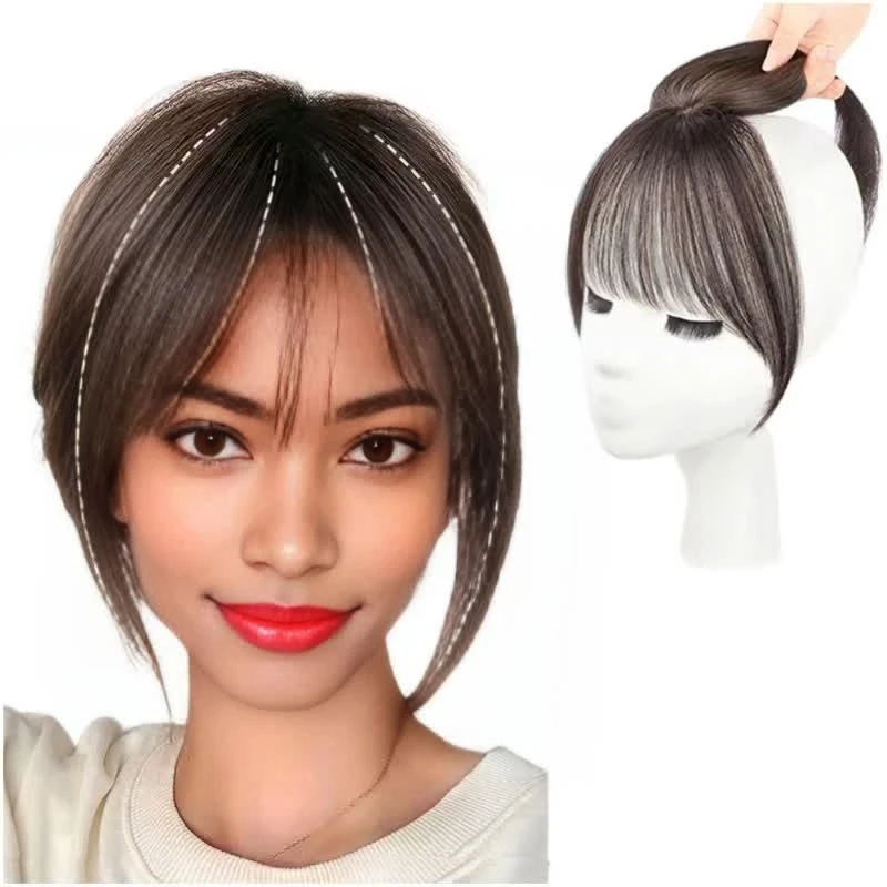 100% Human Hair 3D Air Bangs Fringe for Girl Straight Clip in Hairpiece 3X4cm Natural Scalp Fake Bangs for Women