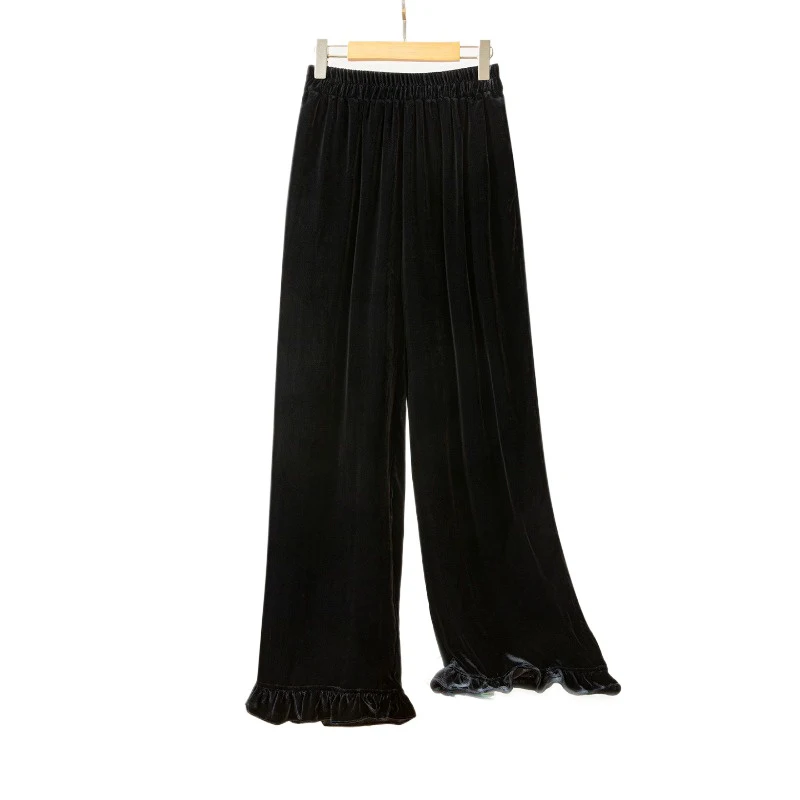 Classic Black 30% Natural Mulberry Silk Velvet Fungus Edge Elastic High Waisted Pocket Design Women's Casual Straight Leg Pants
