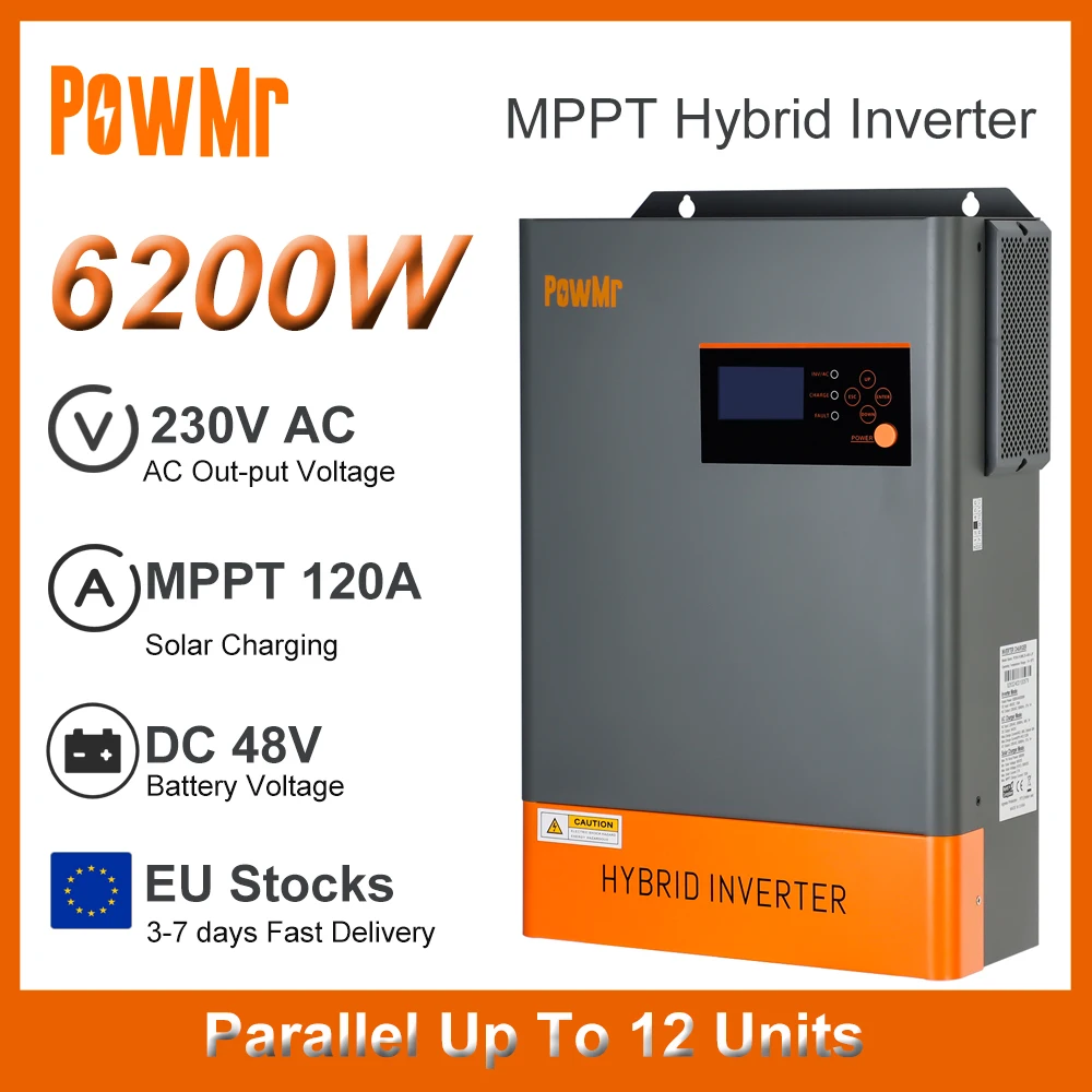 Onduleur Hybride Parallèle de 6,2 kW, 48V DC à 230V AC, avec 120A MPPT, Charge Solaire Maximale, Long Panneau 6500W, Adapté pour Lifepo4, Stock UE