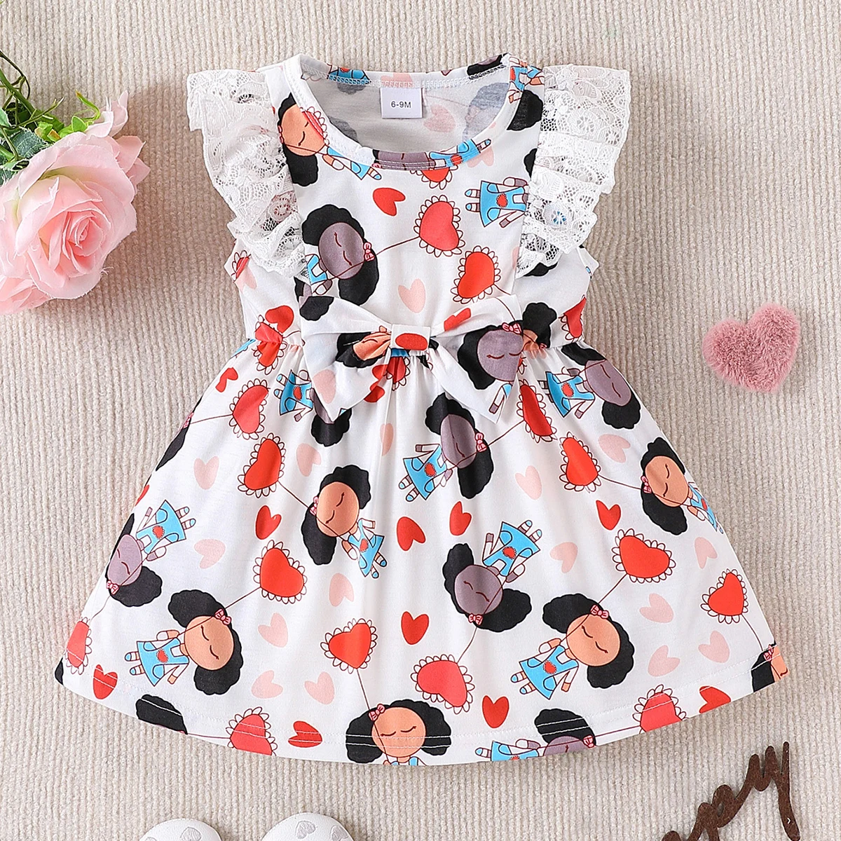 

Baby girl baby fashion full body printed lace lace lace decoration and bow decoration round neck vest dress summer