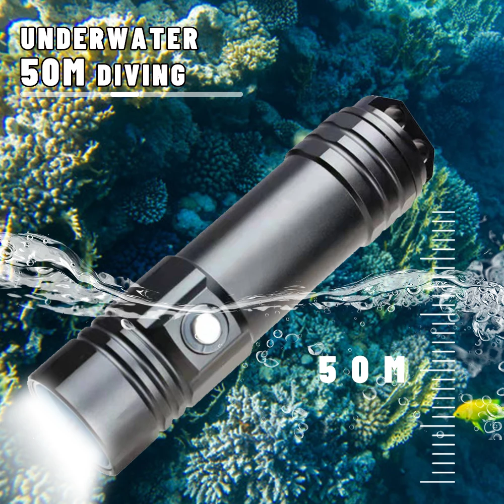 Asafee 50M Underwater L2 LED Diving Flashlight 800LM IPX8 Waterproof Torch 332M Range Press Switch Scuba Lantern