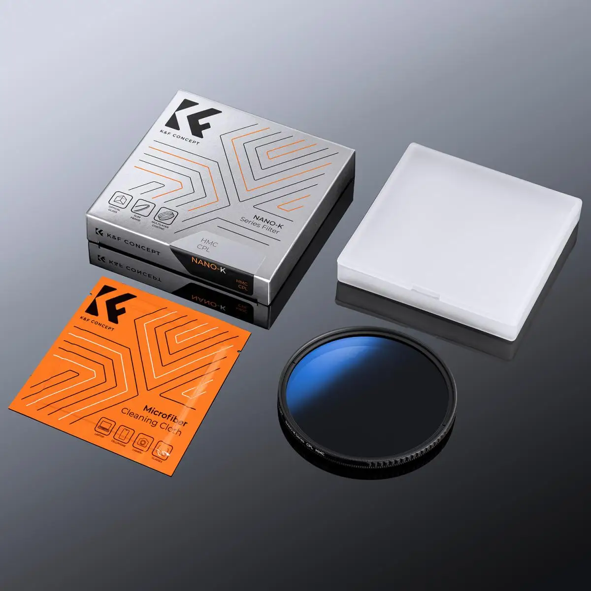 K&F CONCEPT Nano K-serie 82 mm CPL-filter Ultradun trapeziumvormig frame met blauw gecoate film en een stuk stofzuigdoekje