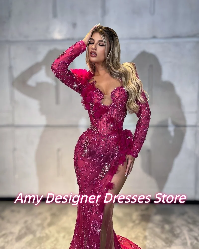 فستان سهرة رائع مزين بالخرز للنساء طويل بفتحة عالية حورية البحر فساتين حفلات الزفاف فساتين حفلات فاخرة مخصصة #3