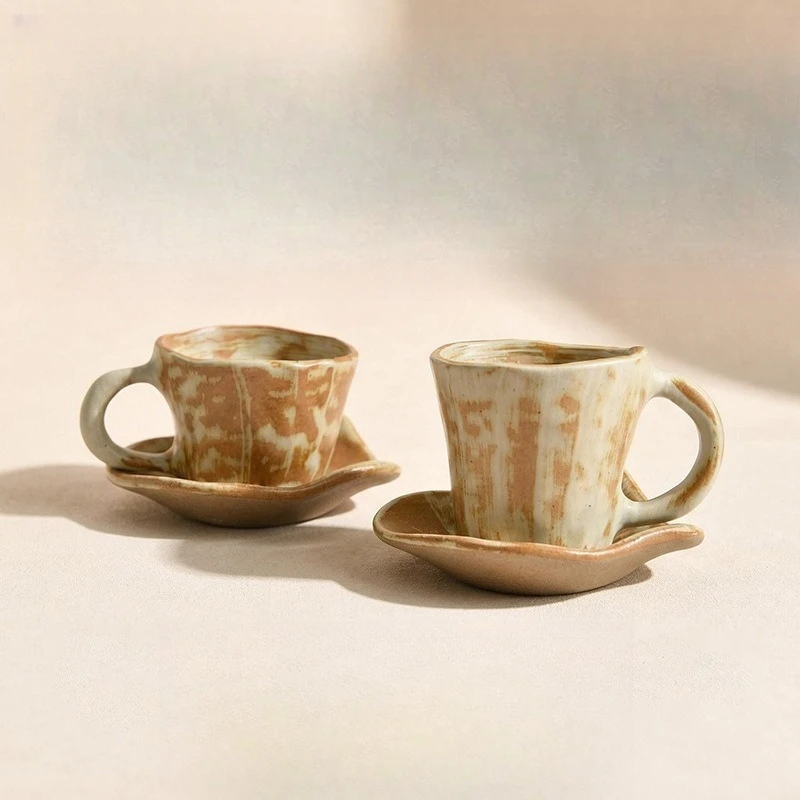 Vintage Ceramic Mug and Dish Set, Small Capacity Coffee Cup Milk Cup Tea Cup Water Cups Creative Concentrated Latte Art Cups