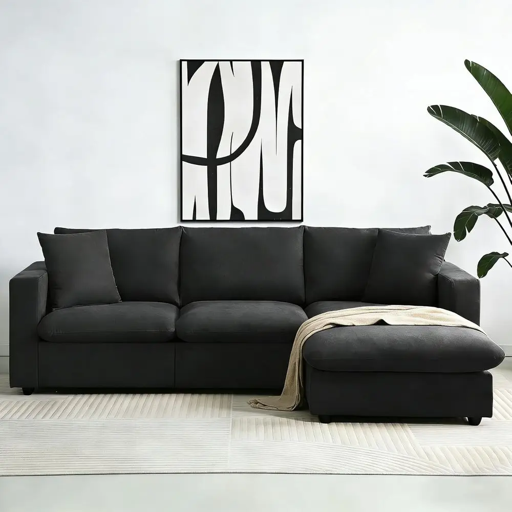 

Black L Shaped Cloud Couch, Modern Modular Sectional Sofa with Convertible Ottoman Chaise for Living Apartment Office, 3 Seater