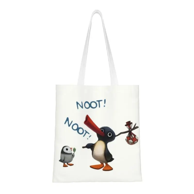 Custom Noots Pingu Penguin Canvas Shopping Bag Women Portable Groceries Tote Shopper Bags