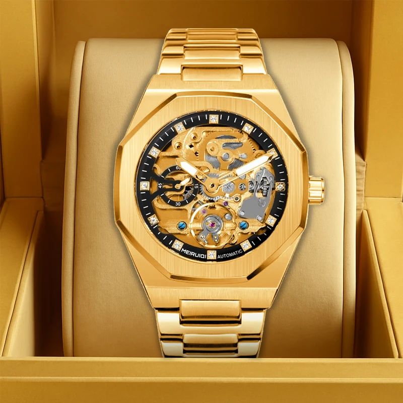 

Мужские желтые элегантные полностью автоматические механические часы с турбийоном в деловом стиле.