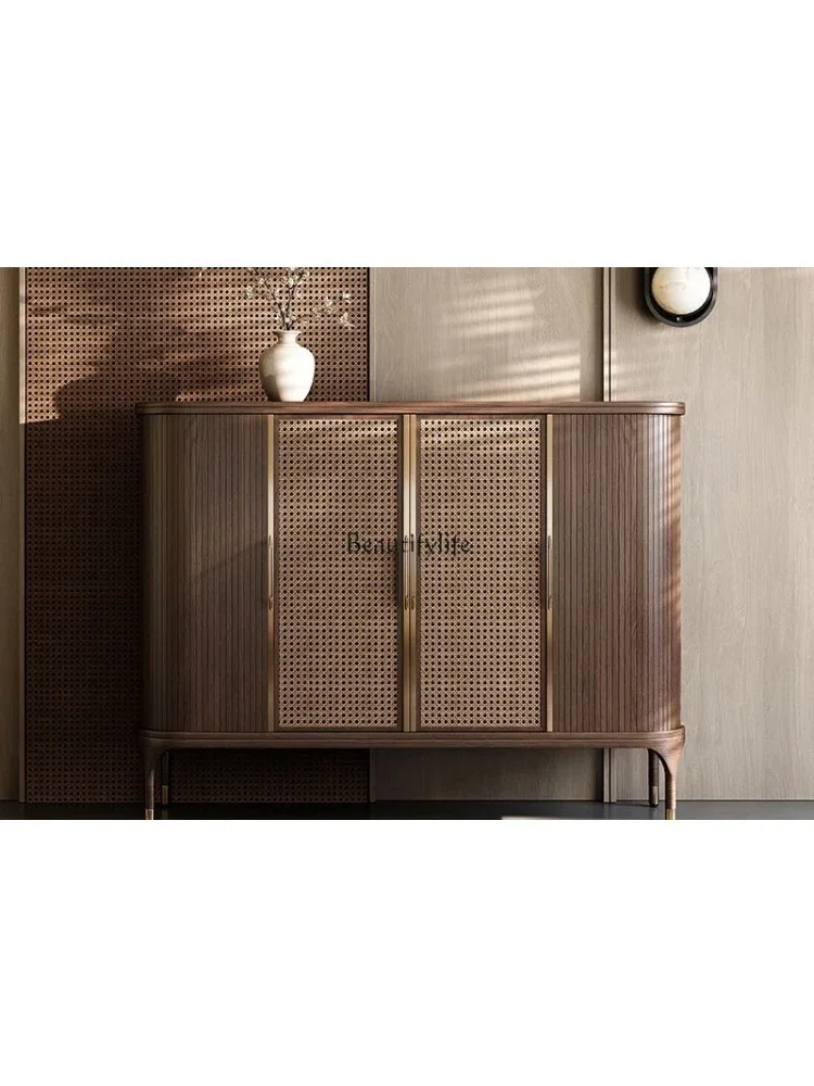 

Medieval walnut shoe cabinet retro rattan entrance household shoe cabinet storage