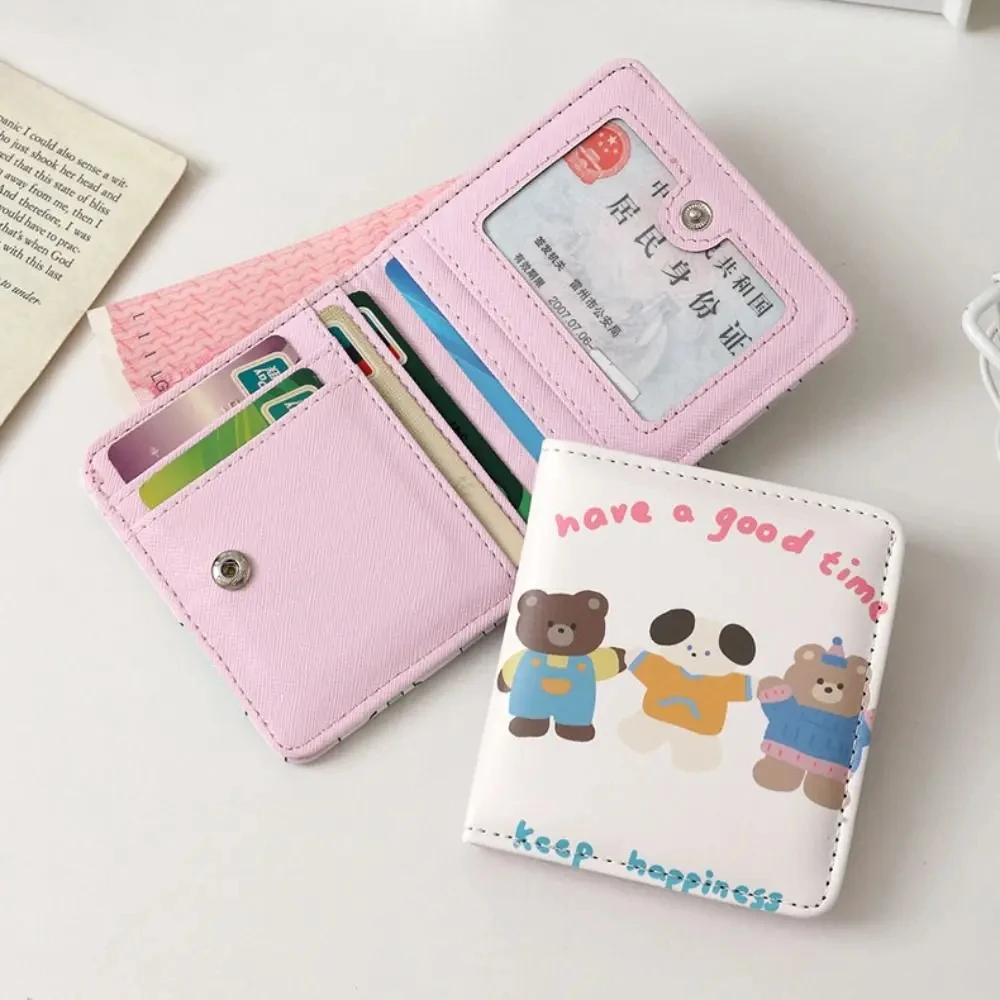 Carteira curta fofa de desenho animado para meninas, design de coração, grande capacidade, porta cartão de couro pu, portátil, estilo coreano, carteira de estudante