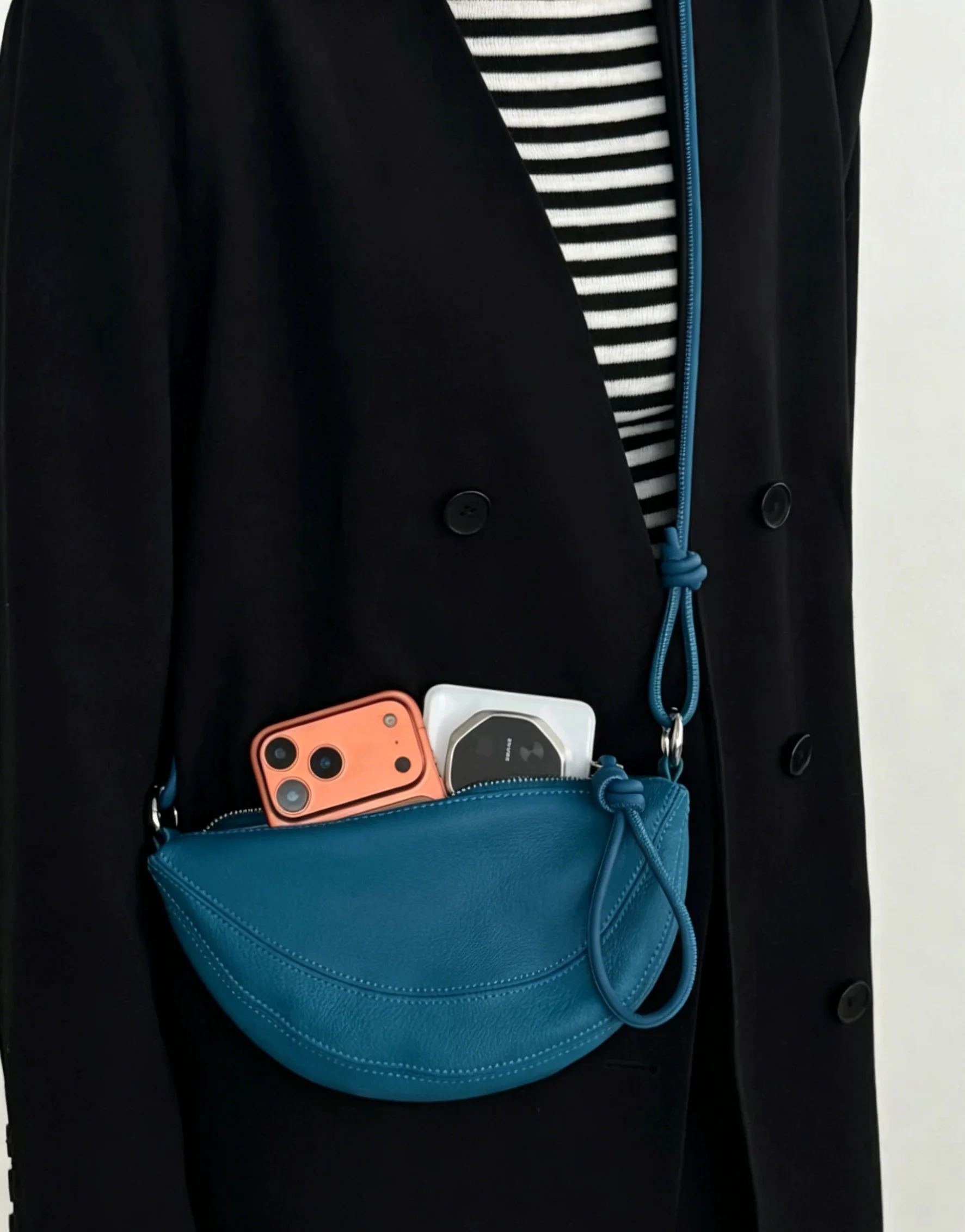 Genuine Lambskin Half Moon Crossbody Bag Women Adjustable Knotted Strap Minimalist Casual Shoulder Bag