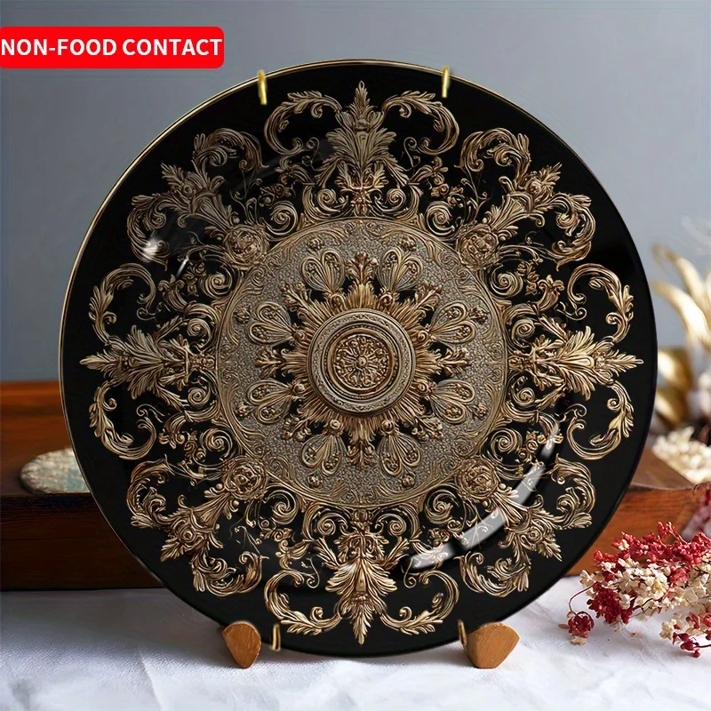 1pc Elegant Golden Decorative Plate - Vintage Floral pattern in Black & Golden, Non-Food Contact Ceramic Serving Tray for Home,