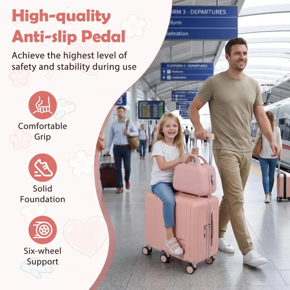 Hardshell Carry On Suitcase 20 Inch Kids Ride On Luggage With Foldable Footrest Adjustable Handle 6 Wheels Toddler Travel Case