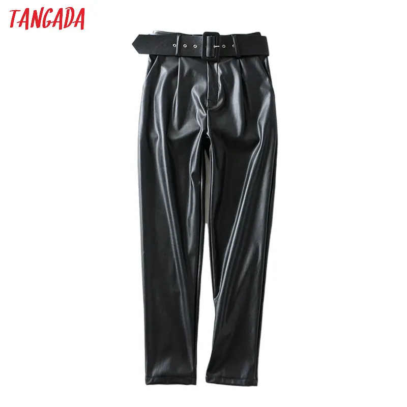 Tangada women black faux leather suit pants high waist pants sashes pockets office ladies pu leather trousers 6A05