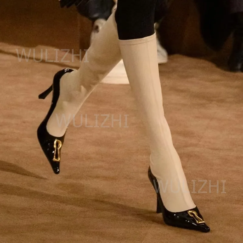 

Gold Ring Buckle Black Rivets Pump Women Work Sandals Patent Leather Suede Heels Pointed Toe Ruffled Ankle Concise Summer Shoes