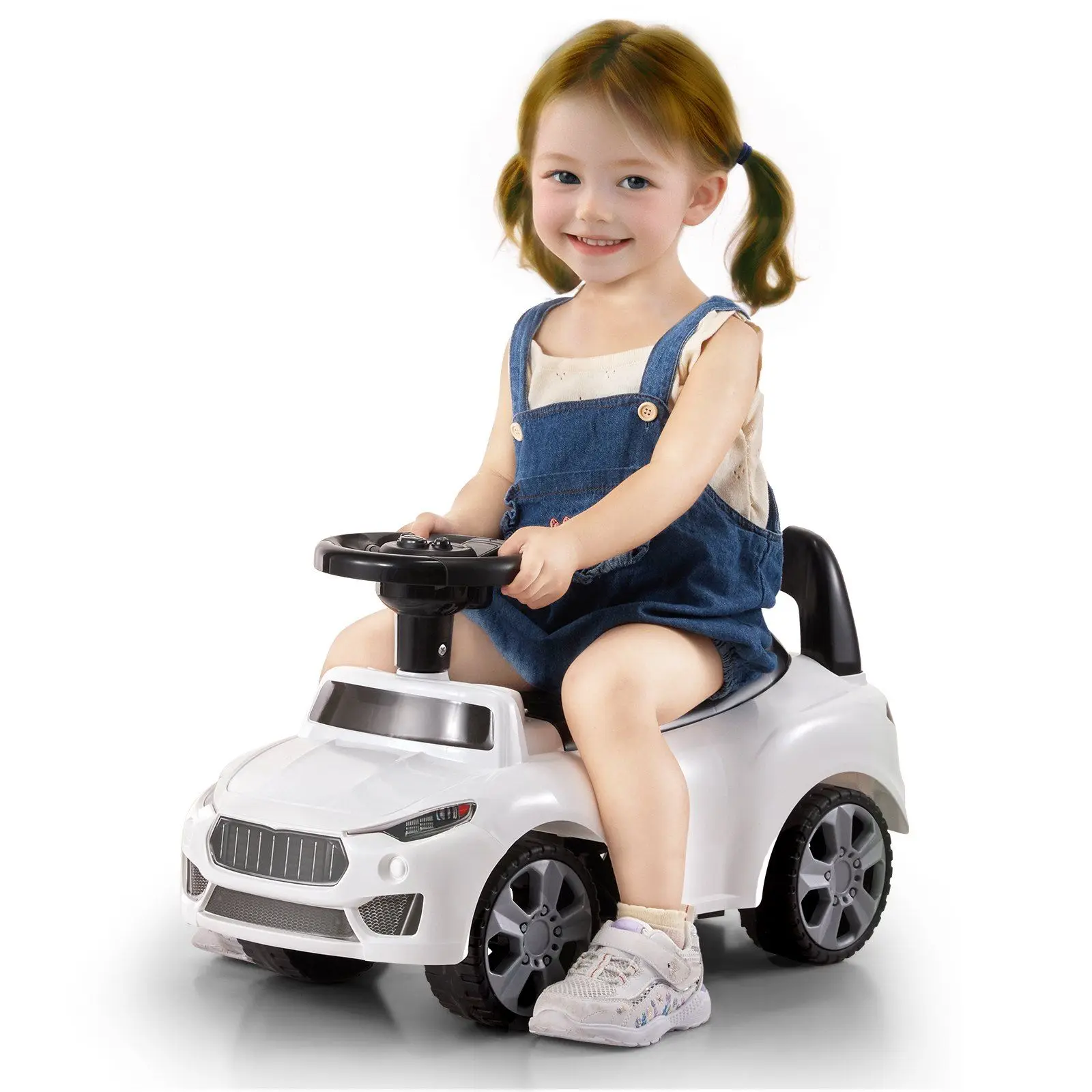 Stylish Ride On Push Car for Kids Aged 1-3 with Electronic Music Wheel Anti-Backward Bar and Seat-Level Storage White