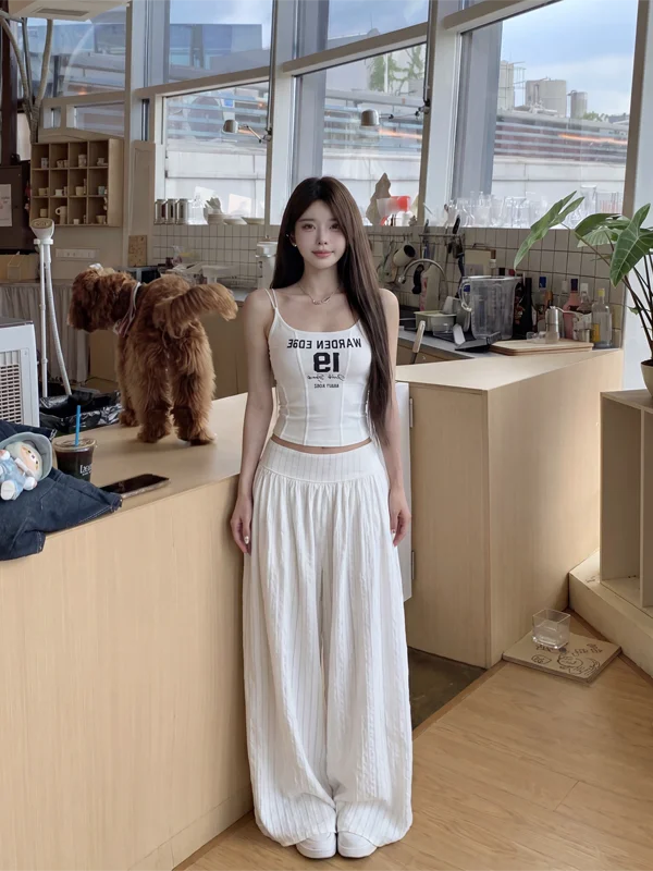 

Summer Korean Style Sweet Cool Spicy Letter Crop Top High Waist Loose Lantern Long Pants Women's Two-Piece Set Fashionable En...