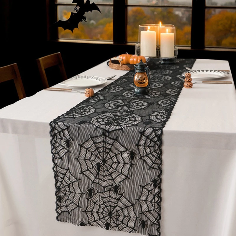 할로윈 블랙 레이스 테이블 러너 할로윈 테이블 장식 해골 소프트 테이블 러너 휴일 파티 장식 테이블 플래그