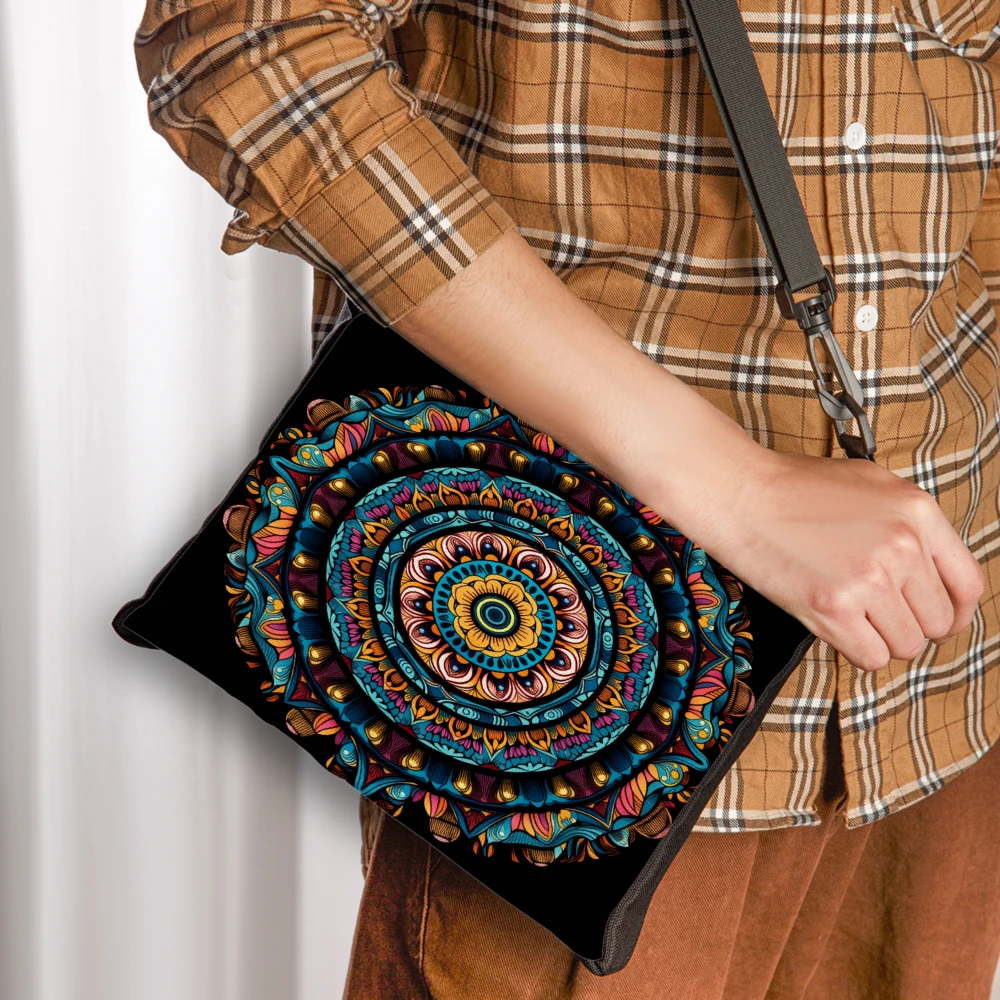 1pc Mandala Print Crossbody Bag Black Colorful Floral Pattern And Text Shoulder Bags For Women Travel Shopping Daily Use Pouch