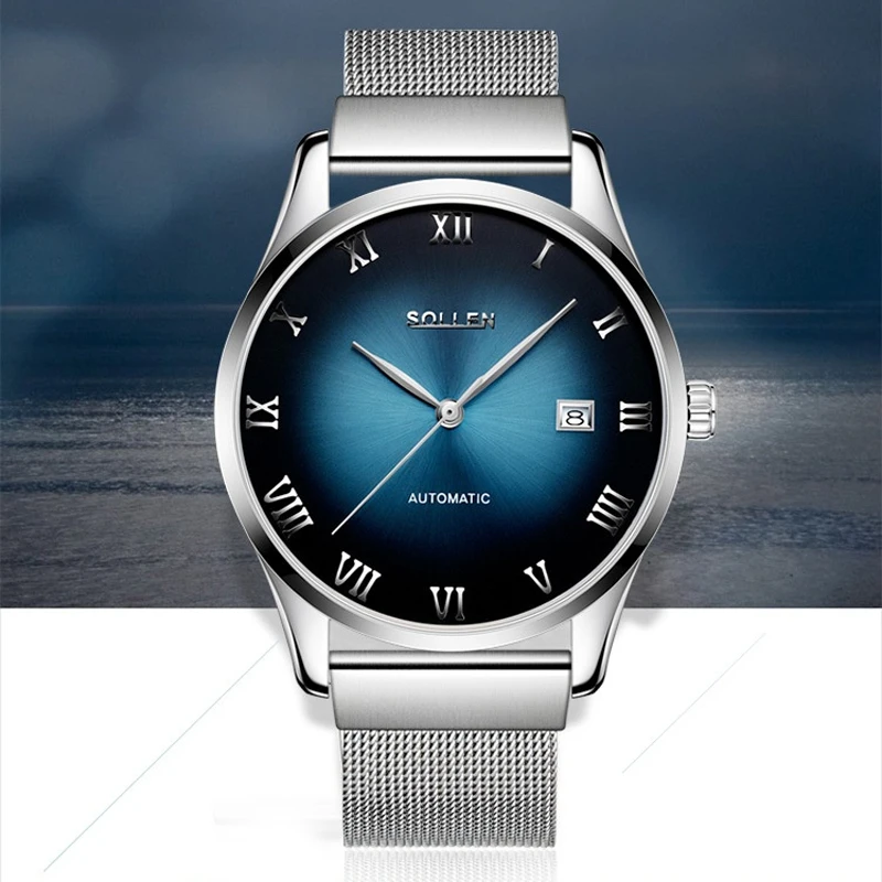 SOLLEN Brand High-end Fashion Blue Mechanical Watch Men Stainless Steel Waterproof Date Luxury Sapphire Automatic Watches Mens