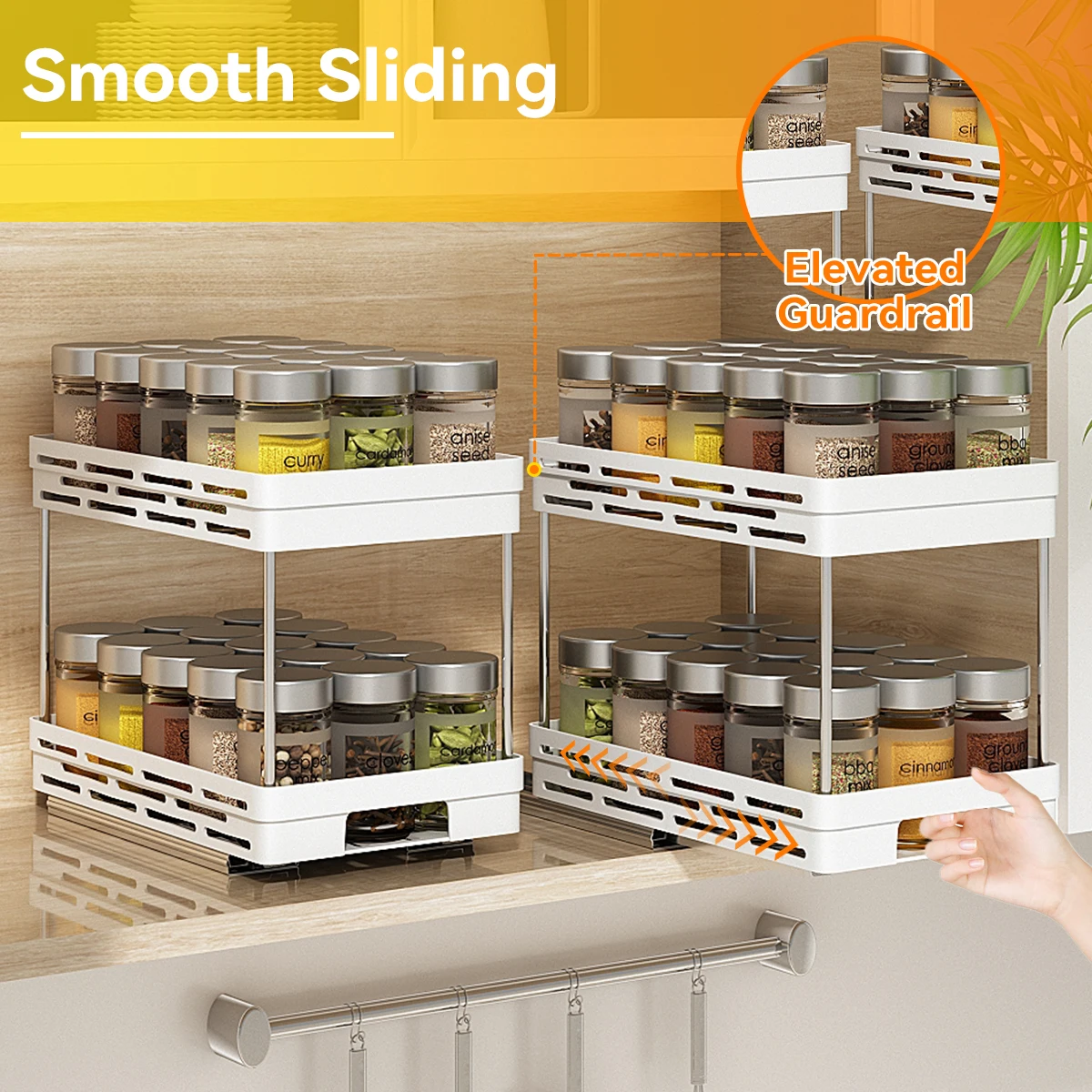 WORTHBUY 2 Tier Pull Out Plastic Storage Rack Large Capacity Kitchen Cabinet Storage Organizer Drawer Spice Jar Storage Shelves