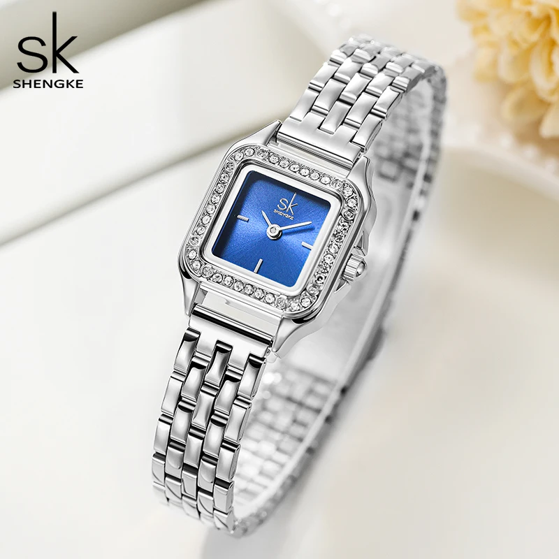 SHENGKE Elegant Silver Stainless Steel Women Watches Fashion Small Dial Square Woman\'s Quartz Wristwatches Ladies New Gift Clock