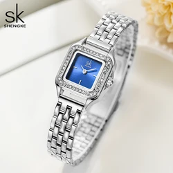 SHENGKE Elegant Silver Stainless Steel Women Watches Fashion Small Dial Square Woman's Quartz Wristwatches Ladies New Gift Clock