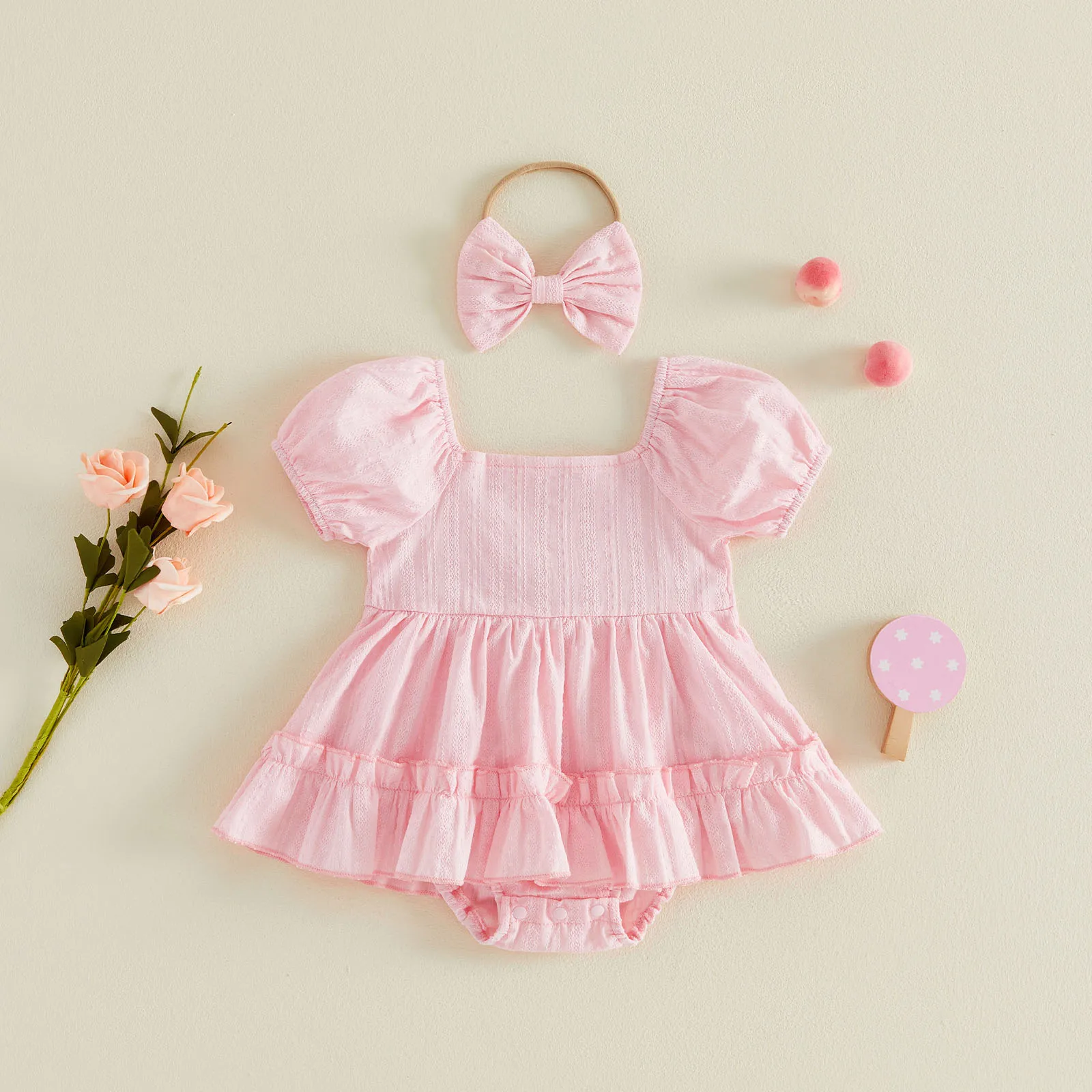 Infant Baby Girl Romper Dress Solid Color Square Neck Short Sleeve Skirt Hem Infant Bodysuits Jumpsuits with Headband