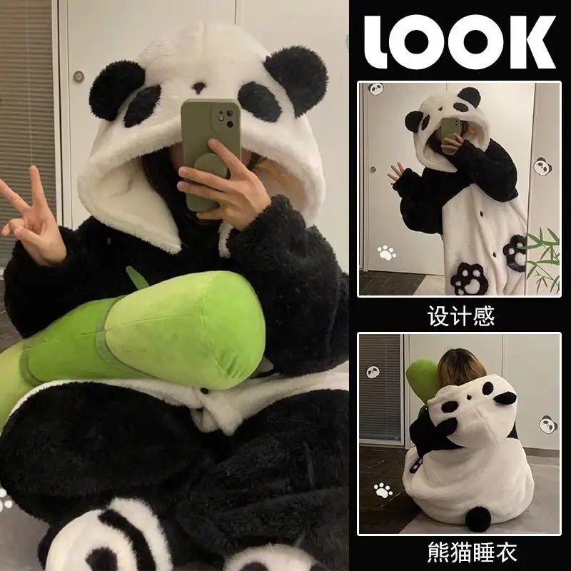 Cartoon Panda Long Robe Jumpsuit Pajama Kigurumi Cosplay Party Costume Loungewear Winter Women Thicken Coral Fleece Homewear