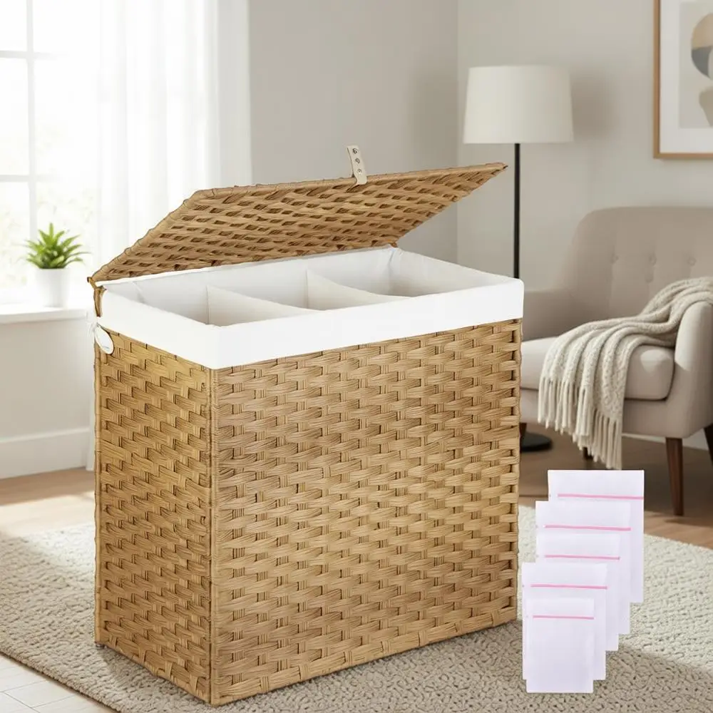 

Large 125L 3-Section Laundry Hamper with Removable Liner Bags and 5 Mesh Bags, Natural Woven Rattan Basket