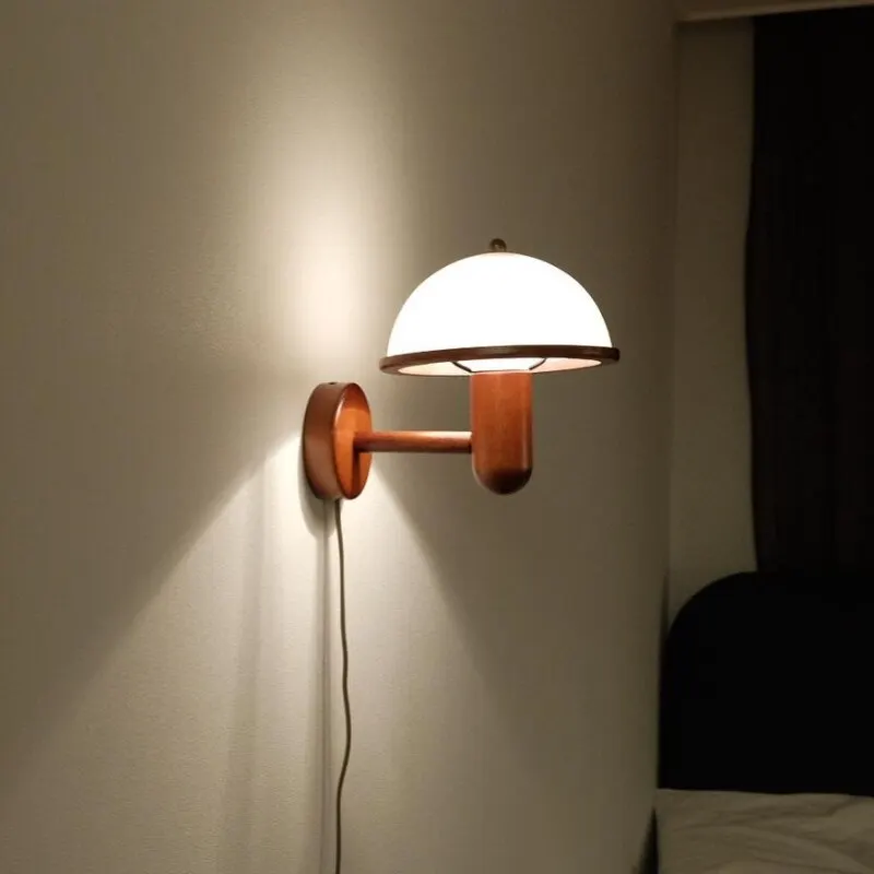 Nordic Retro Mushroom Wall Lamp External Wire Plug Wood Acrylic Lampshade Light Bedroom Living Room Corridor Decorative Sconce