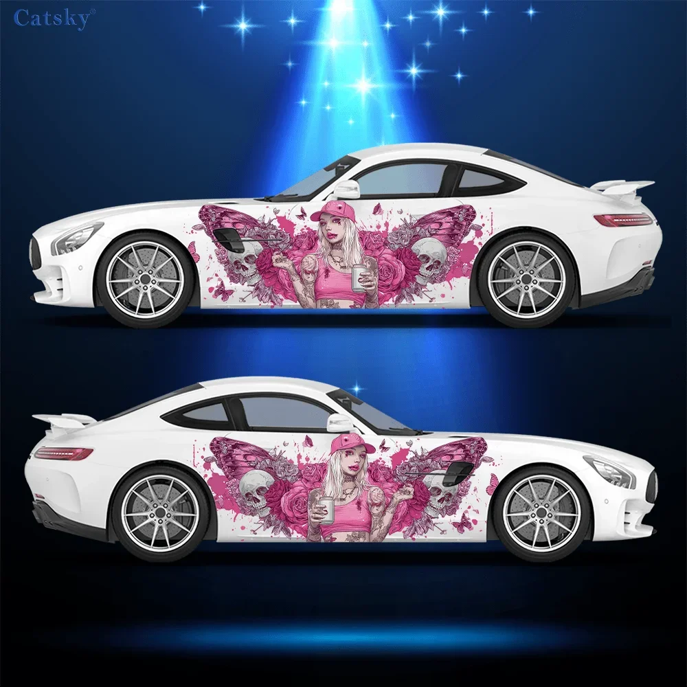 Women and Skull Butterfly Splash Car Side Car Wrap, Self-Adhesive PVC Waterproof & Scratch-Resistant Sticker, Car Accessory Gift