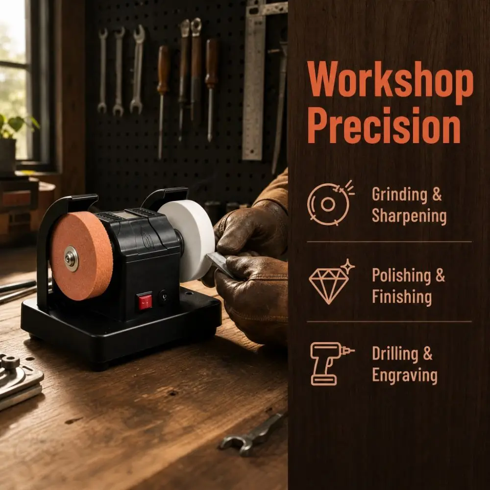 

Dual Wheel Mini Bench Grinder Automatic Grinding Stone Electric Sharpener Motor-Driven Sturdy Base Electric Polishing Machine