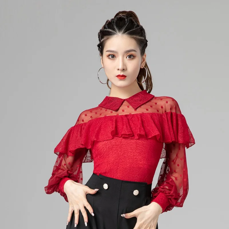 

X113 Latin Dance Dress Girl New Modern Dance Blouse Waltz Ballroom Dancing Top Lantern Sleeve Jacket Performance Clothes