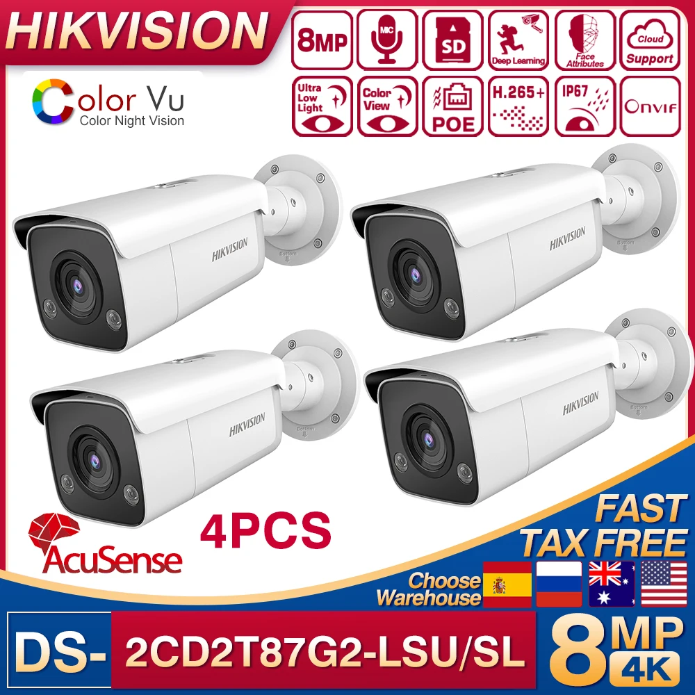 

4PCS Original Hikvision 8MP 4K PoE ColorVu Strobe Light IP Camera DS-2CD2T87G2-LSU/SL Audible Warning Fixed Bullet Network Camer