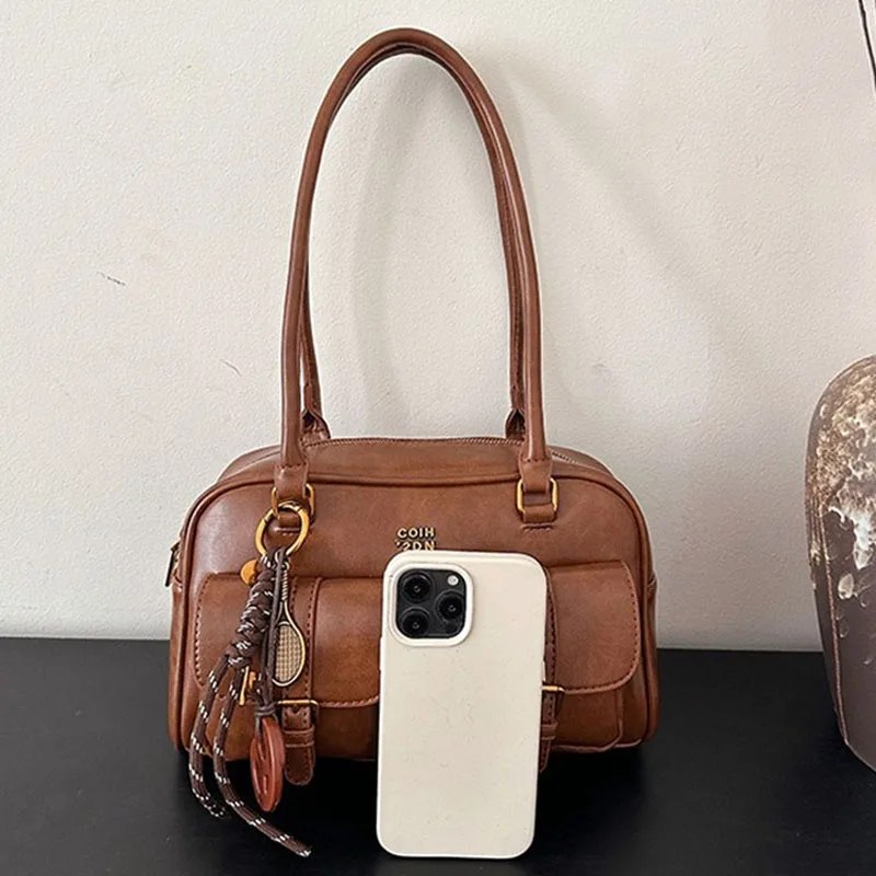 1 قطعة حقيبة كتف نسائية ريترو بلون حقيبة يد جلدية مع جيوب متعددة سعة كبيرة تأتي مع ملحق قابل للفصل