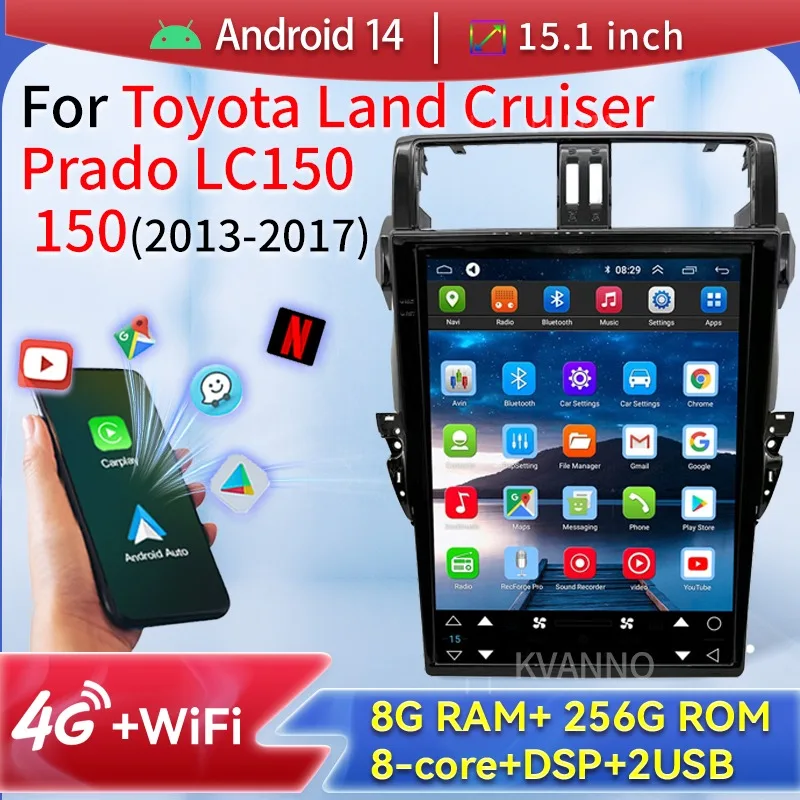

15.1 Inch Android14 For Toyota Land Cruiser Prado LC150 150 2013-2017 Tesla Screen Car Multimedia Radio Android Auto Carplay DSP